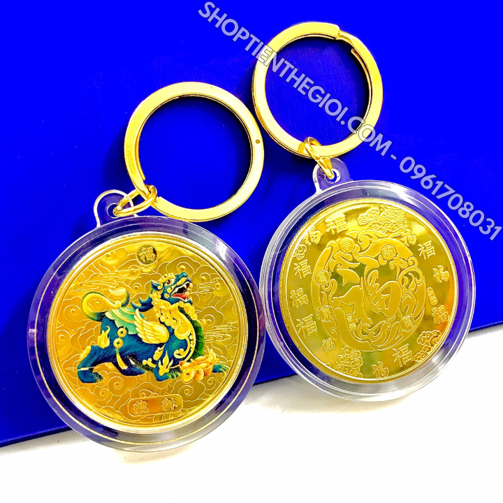 Móc Khóa Xu Tỳ Hưu mạ vàng in màu - SP005939